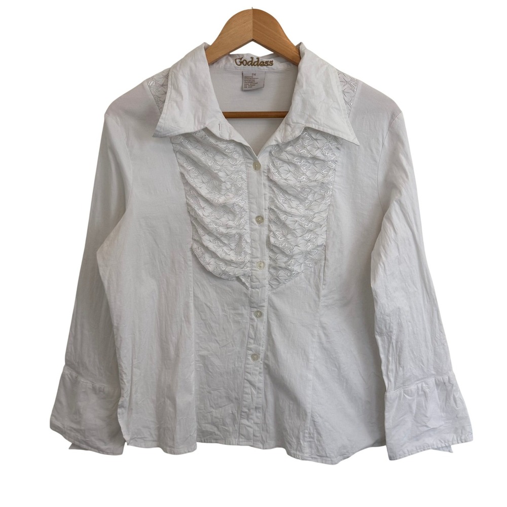 Goddess White Lace Ruffle Button Up Blouse‎ Womens 2X Cotton Stretch G2019X